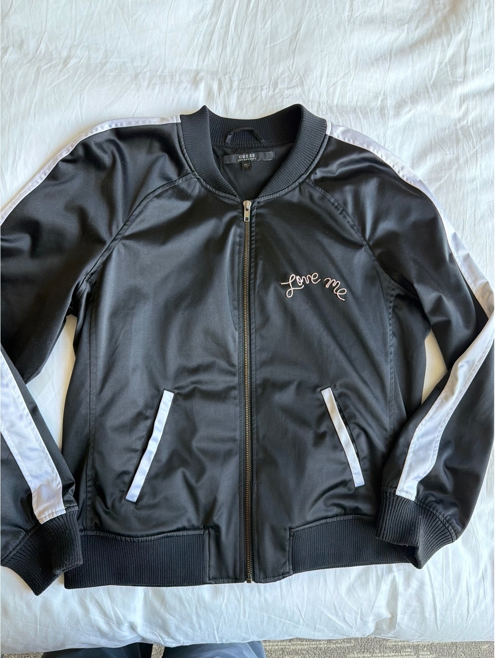 Guess Alia Black Satin Bomber Jacket White Stripe Embroidered Love Me Size L